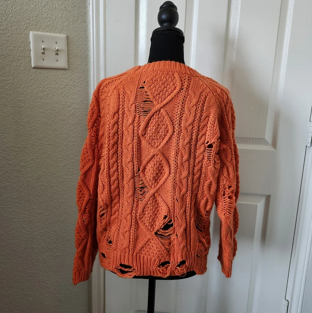 Boohoo Bright Orange Cable Knit Sweater Distressed Details S/M
